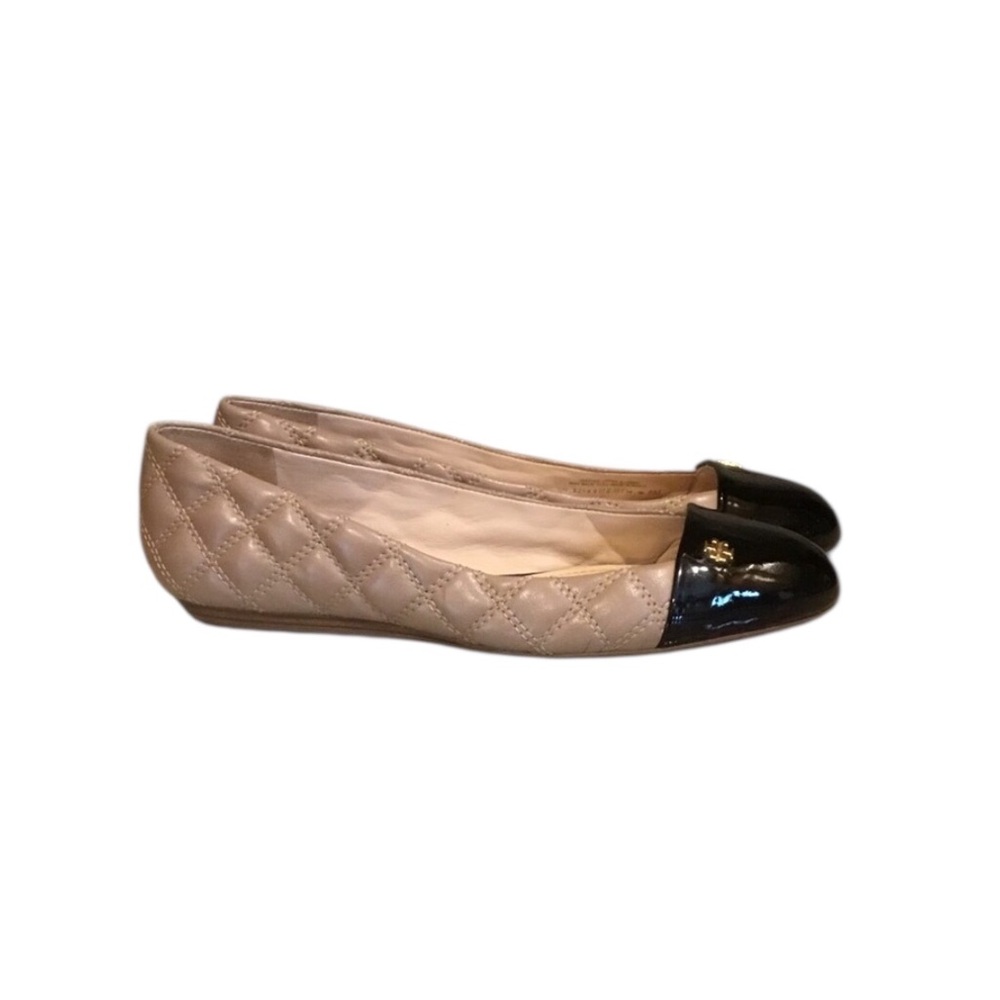 Tory Burch Claremont Quilted Tan Leather Black Patent Cap Toe Ballet Flats